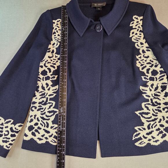 St. John Collection Sweater Blazer Women’s 10 Navy White Knit Jacket USA Made - Picture 7 of 13